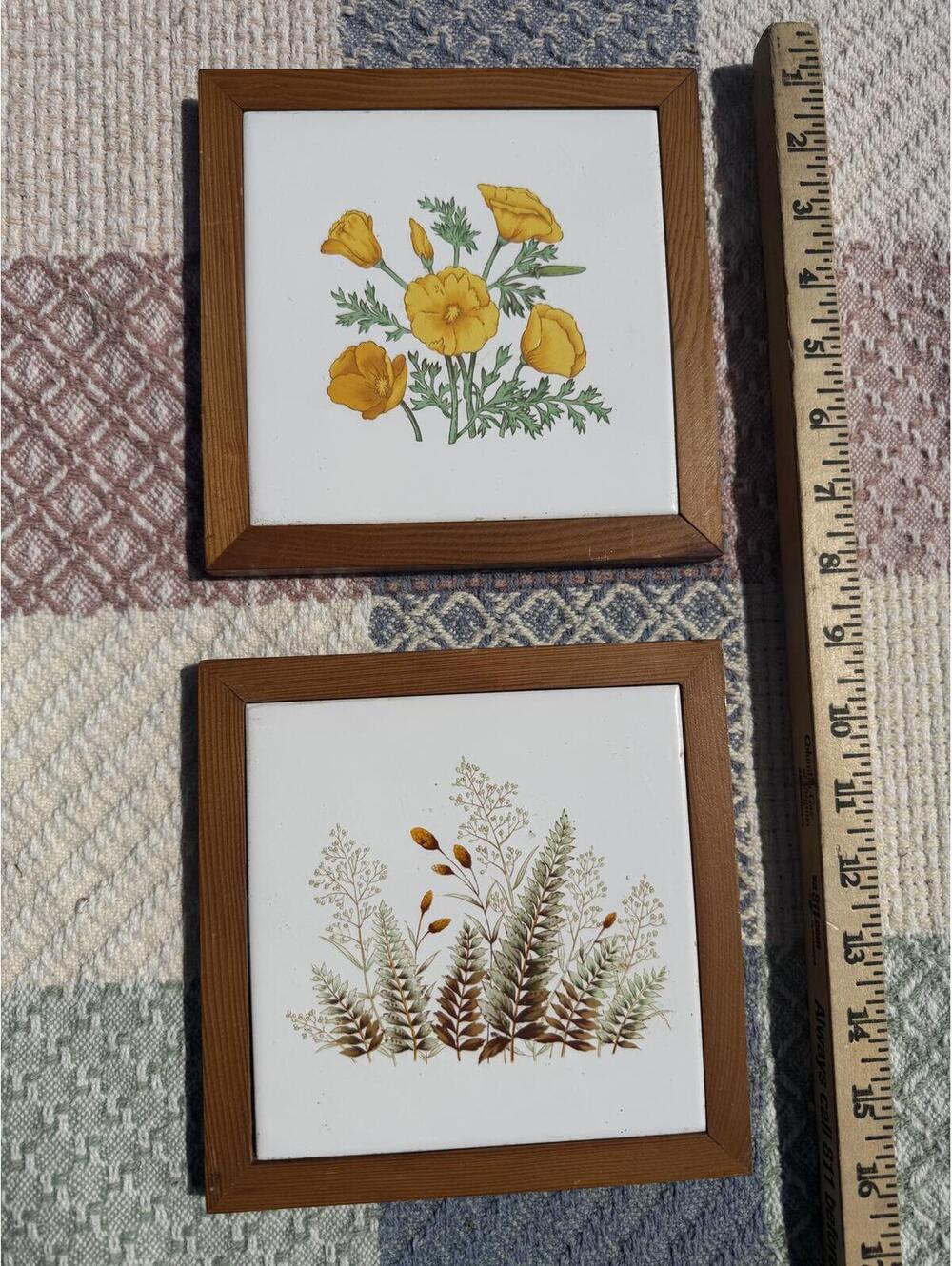 Set of 2 Vintage Ceramic Wall Tiles with Floral Designs in Wooden Frames